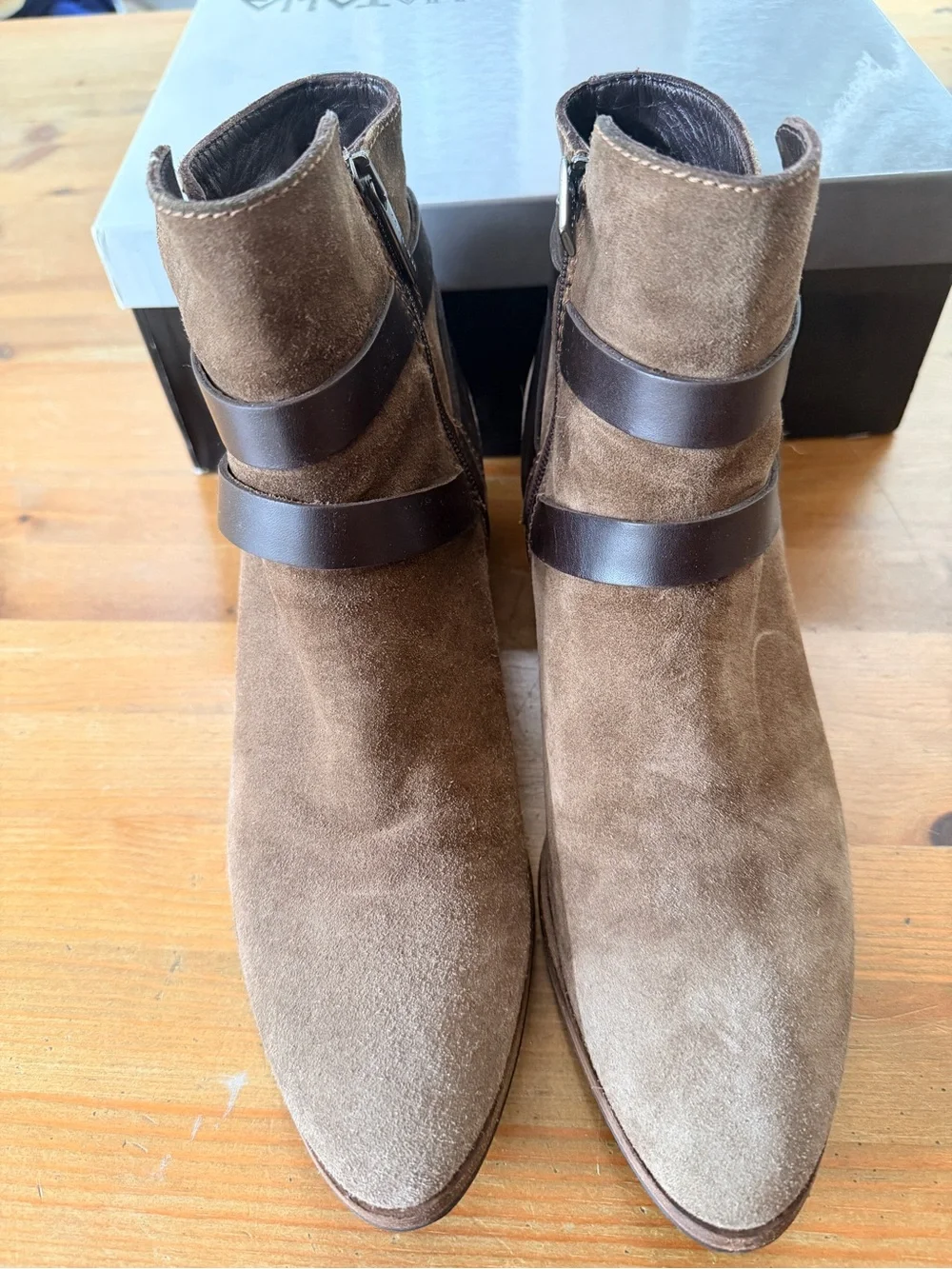 Aquatalia Fleur Brown Suede Ankle Boots Dark Brown Leather Straps womens 10
